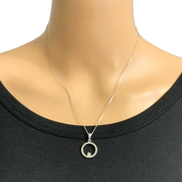 Sterling Silver Crystal Circle Pendant Necklace 18" Silver 925 - Picture 2 of 5